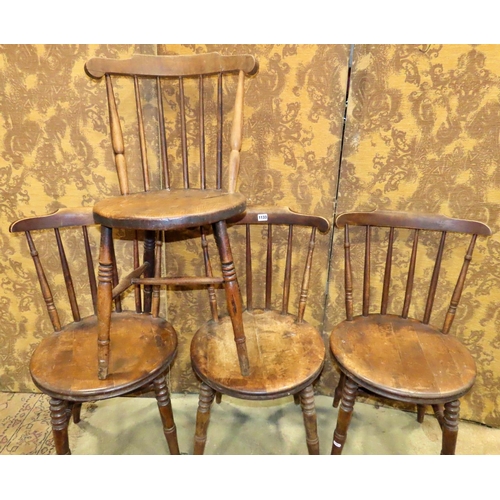 1133 - A set of four Swedish stained beechwood stick back kitchen  chairs