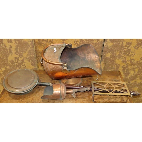 1145 - A copper coal scuttle, shovel, warming pan and brass trivet