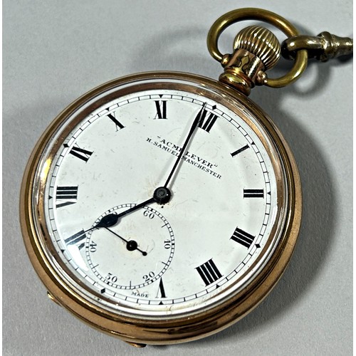 312 - A Gold plated pocket / fob watch, the white enamel dial with black Roman numerals marked “Acme Lever... 