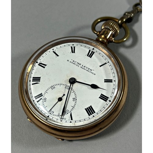 312 - A Gold plated pocket / fob watch, the white enamel dial with black Roman numerals marked “Acme Lever... 