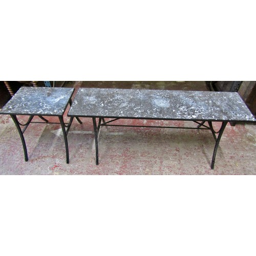 1492 - A marble topped hall table set on an iron frame with swept supports, 69cm x 51cm