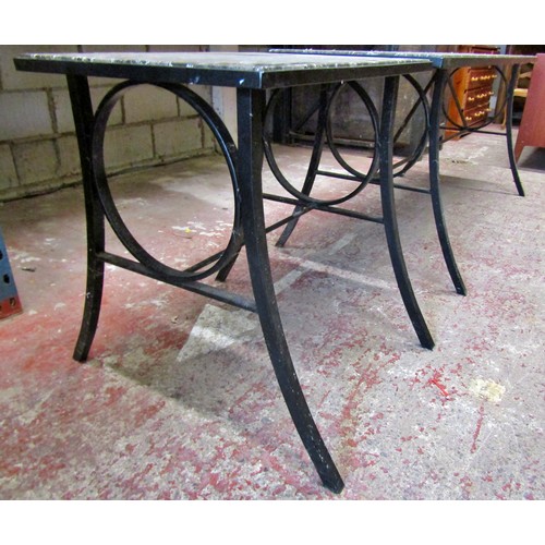 1492 - A marble topped hall table set on an iron frame with swept supports, 69cm x 51cm