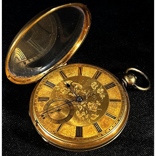 324 - An 18ct yellow gold pocket / fob watch, the engraved dial with black Roman numerals and subsidiary s... 