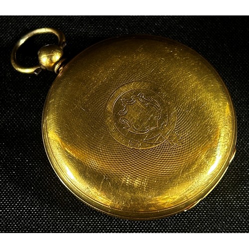 324 - An 18ct yellow gold pocket / fob watch, the engraved dial with black Roman numerals and subsidiary s... 