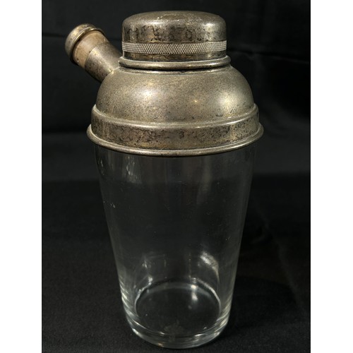 200 - A vintage glass and silver plated cocktail shaker together with a paint vinaigrette bottles with sil... 