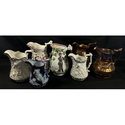 157 - Four pairs of 19th century jugs, Staffordshire Spaniels etc