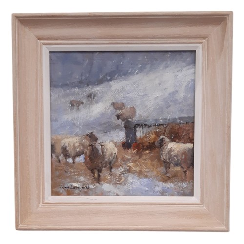 1672 - Jane Lampard (Local artist, Contemporary) - 'The Sheepfold with Winter Hay', oil on board, signed be... 