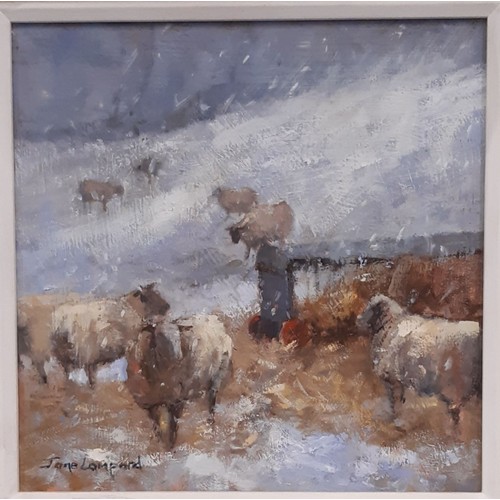 1672 - Jane Lampard (Local artist, Contemporary) - 'The Sheepfold with Winter Hay', oil on board, signed be... 