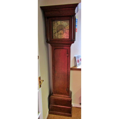 1481 - Georgian oak cottage longcase clock, the square brass dial with calendar dial and single hand pointe... 