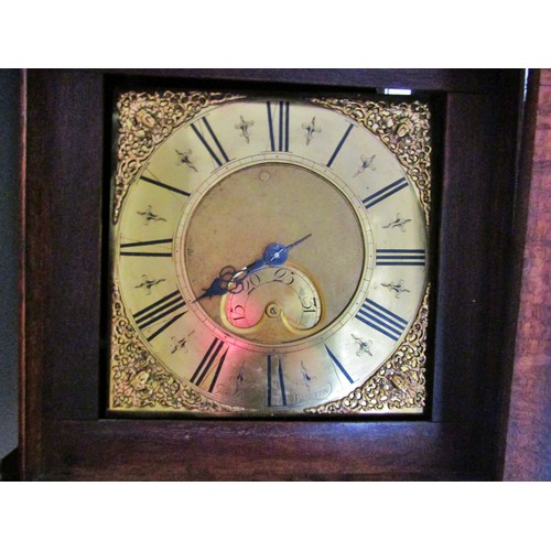 1481 - Georgian oak cottage longcase clock, the square brass dial with calendar dial and single hand pointe... 