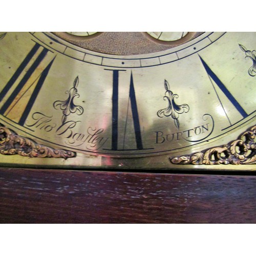 1481 - Georgian oak cottage longcase clock, the square brass dial with calendar dial and single hand pointe... 