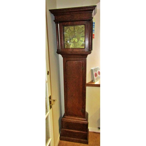 1481 - Georgian oak cottage longcase clock, the square brass dial with calendar dial and single hand pointe... 