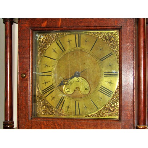 1481 - Georgian oak cottage longcase clock, the square brass dial with calendar dial and single hand pointe... 