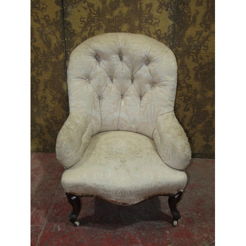 1550 - A Victorian button back drawing room chair for re-upholstery raised on cabriole supports