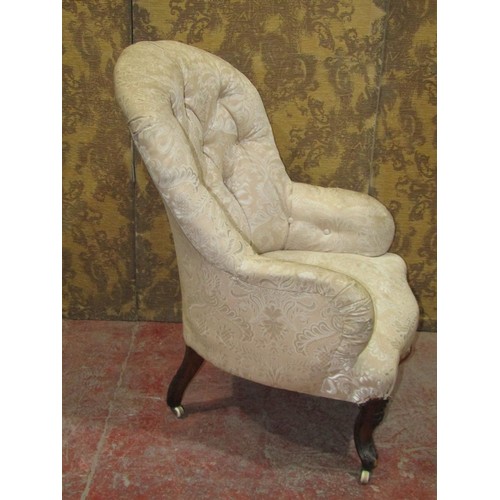 1550 - A Victorian button back drawing room chair for re-upholstery raised on cabriole supports