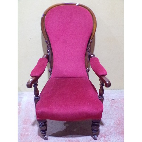 1551 - Victorian drawing room chair upholstered in maroon coloured fabric on turned supports