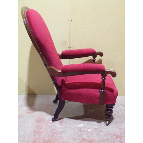 1551 - Victorian drawing room chair upholstered in maroon coloured fabric on turned supports