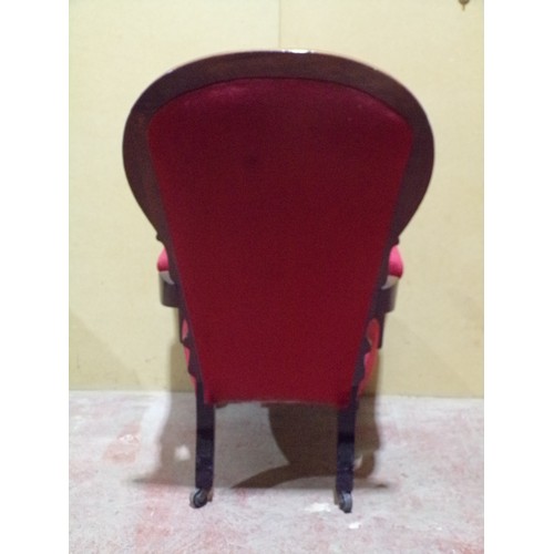 1551 - Victorian drawing room chair upholstered in maroon coloured fabric on turned supports