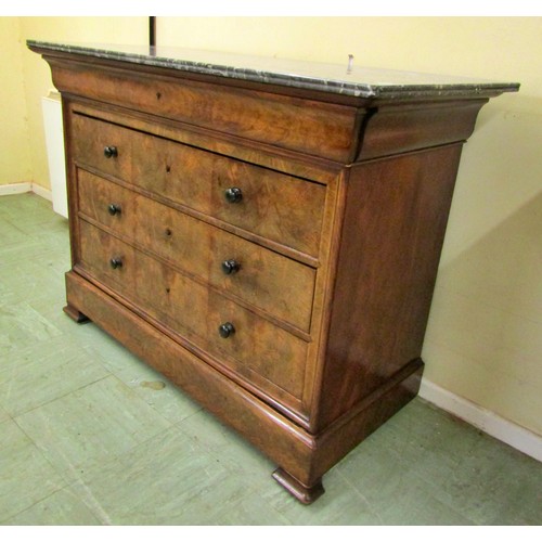 1554 - 19th century mahogany commode of four long drawers with well matched flame veneers, beneath a marble... 