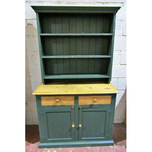 1567 - A partially green painted pine cottage kitchen dresser, 195cm high x 115cm x 48cm