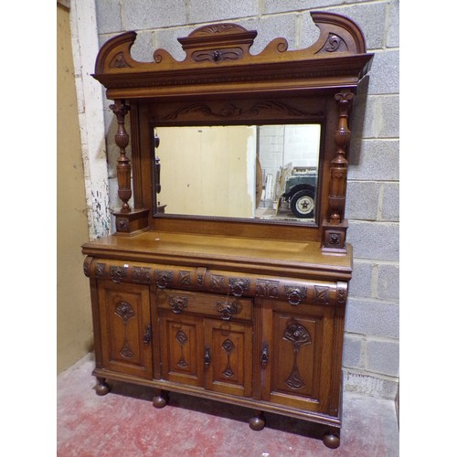 1569 - Late Victorian/Edwardian oak mirror back sideboard with raised mirror back over an arrangement of cu... 