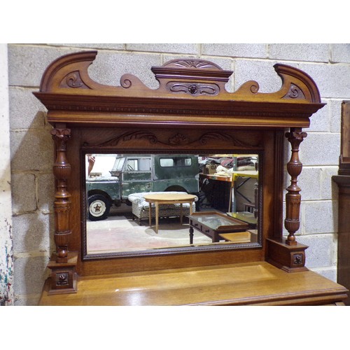 1569 - Late Victorian/Edwardian oak mirror back sideboard with raised mirror back over an arrangement of cu... 