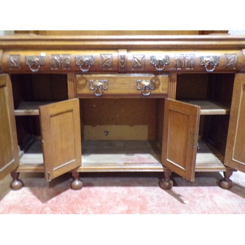 1569 - Late Victorian/Edwardian oak mirror back sideboard with raised mirror back over an arrangement of cu... 