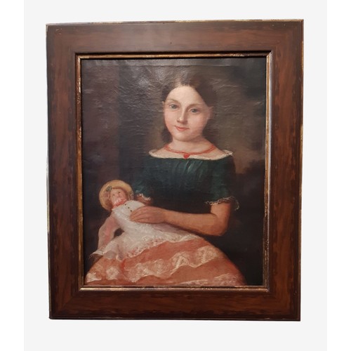 1697 - American School (Folk Art, 19th Century) - Portrait of a young girl holding a doll, half-length, uns... 