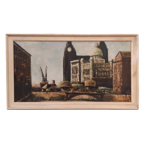 1706 - R. A. Edwards - Liverpool docks (1971), oil on board, signed and dated lower right, 86 x 45 cm, fram... 