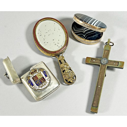 290 - A small group, European object d’art to include a small wooden and cast metal crucifix, banded agate... 