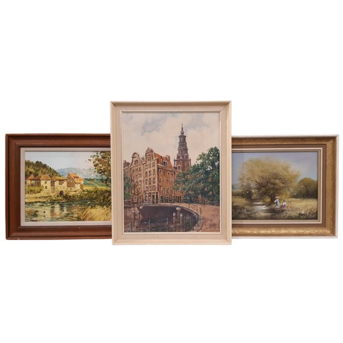 1713 - Three 20th century oil paintings of towns and country scenes, to include: Dyer; Beek and one other i... 