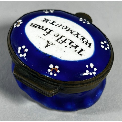 294 - A late 18th / early 19th century Bilston enamel box, the cover inscribed ‘A Trifle From Weymouth’, w... 