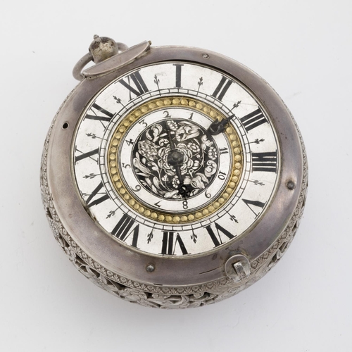 David Bouquet, London
A rare silver clock-watch with alarm
Circa 1660-1665.
 
The 8cm diameter gilt-brass dial has a silver chapter ring read from a tulip-shaped blued steel hour hand on the engraved silver alarm disc.
The gilt-brass top plate is signed D Bouquet London with silver rosette-engraved countwheel and a similarly engraved mainspring silver disc and (later) balance wheel regulation disc, the balance cock is pierced and engraved and is now secured with a blued steel screw. The movement has gilt-brass circular plates secured by four engraved vase-shaped pillars, verge escapement, engraved going barrel for the strike train with a single steel hammer striking the hours on a large bell, a smaller spring barrel powers the alarm train.
The silver case has three shuttered winding holes in the base and the band is pierced and elaborately engraved with flower heads and a pair of hounds chasing a stag, the top and tail of the case is further engraved with a fine bearded man’s head. The outer tooled leather protecting case has a faded red velvet lining and brass fittings.
 
9cm. diameter silver case
10cm diameter outer protecting case
 
Provenance
By family repute the watch was originally owned by Sir Matthew Hale (1609-1676), and thence by descent through the same family to the present day. Matthew Hale was an influential barrister and judge who served throughout the reigns of Charles I, Oliver Cromwell and King Charles II. He was also a member of Parliament for Gloucestershire.
 
DAVID BOUQUET
David bouquet senior d. 1665 was an exceptional watchmaker of French heritage. He was admitted to the Clockmakers’ Company in 1632 and is recorded as being an Assistant to the Clockmakers’ Company until 1665. Examples of his watches exist in the British Royal Collection, the British Museum and the Clockmakers’ Company Collection, Science Museum.