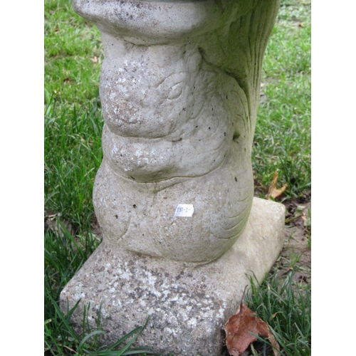 1024 - A novelty weathered cast composition stone three sectional garden bench with squirrel supports, 40cm... 