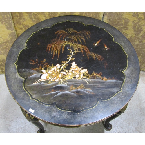 1163 - A 1920s occasional table of circular form raised on cabriole support, with chinoiserie decoration, 5... 