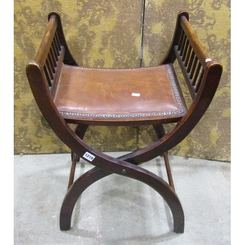 1219 - An Edwardian folding X framed stool with studded leather upholstered seat, 69cm high x 46cm x 42cm