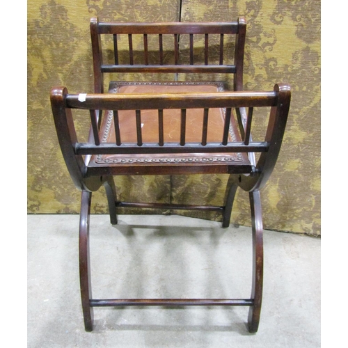 1219 - An Edwardian folding X framed stool with studded leather upholstered seat, 69cm high x 46cm x 42cm