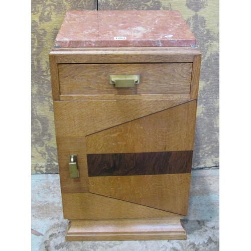 1261 - An art deco oak bedside cabinet with marble top and inlaid detail, 68cm high x 40cm x 38cm , togethe... 