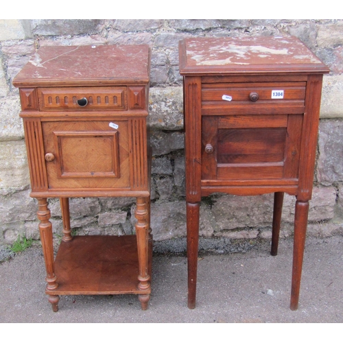 1304 - Two continental bedside cupboards of varying design, both with inset marble tops, the tallest 82cm h... 