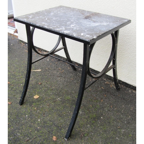 1492 - A marble topped hall table set on an iron frame with swept supports, 69cm x 51cm