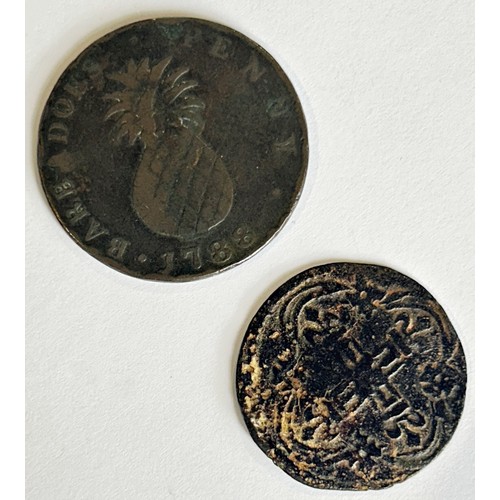 306 - A medieval Jetton and Barbadoes (sic) penny 1788 (two coins).