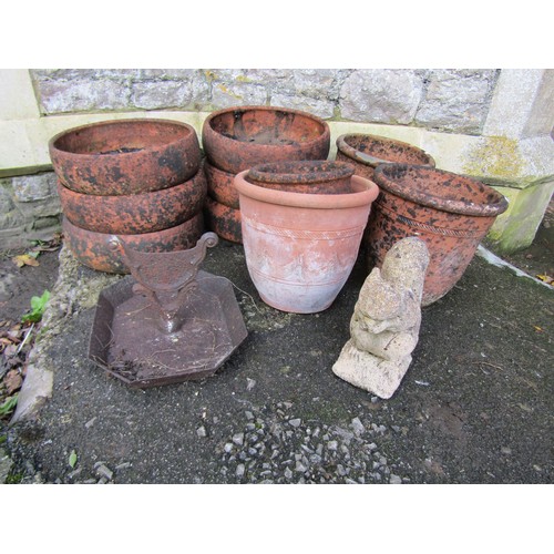 1004 - Six weathered terracotta squat circular planters, 12cm high x 38 diameter, together with three other... 