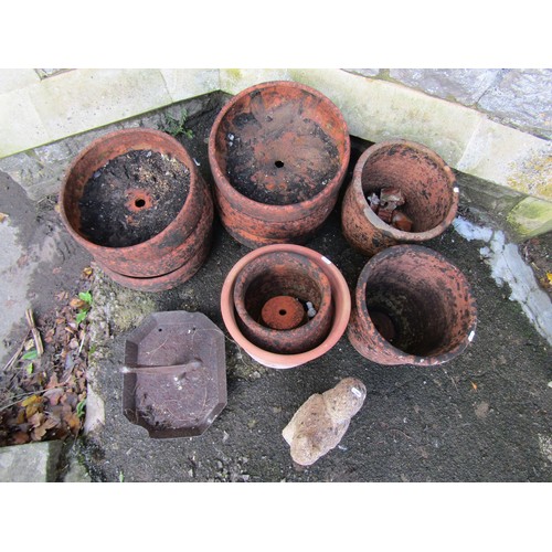 1004 - Six weathered terracotta squat circular planters, 12cm high x 38 diameter, together with three other... 