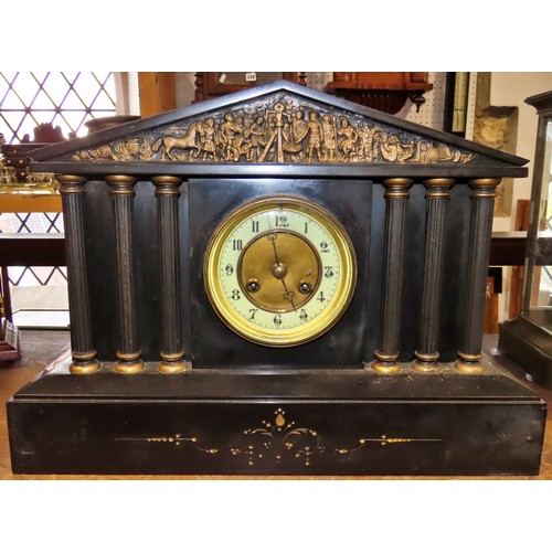 345 - A Victorian polished black slate mantle clock of classical architectural / portico form, 30 x 42cm.