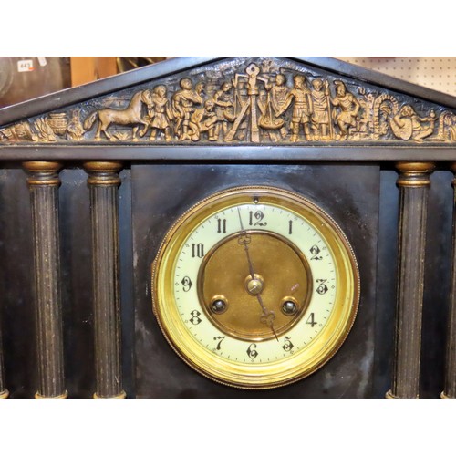 345 - A Victorian polished black slate mantle clock of classical architectural / portico form, 30 x 42cm.