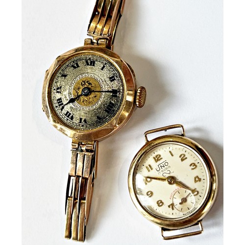 332 - A small 9ct yellow gold cased Uno Swiss made wristwatch and another 9ct gold cased wristwatch on yel... 