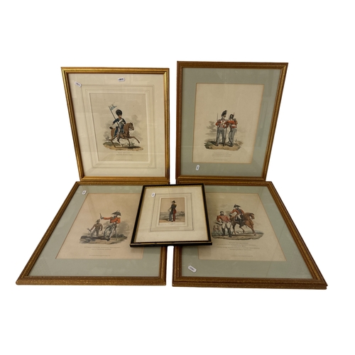 1788 - Four aquatints of soldiers by I.C. Stadler, together with a lithograph of a Royal Artillery, all han... 