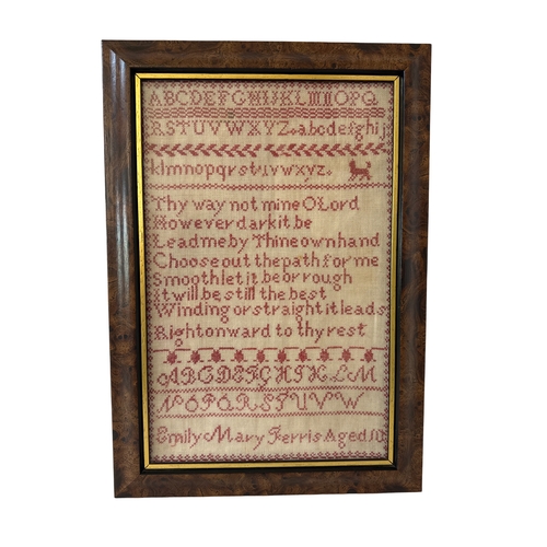 1790 - A 19th century orphanage tapestry sampler by Emily Mary Ferris, aged 10, with religious verse and al... 