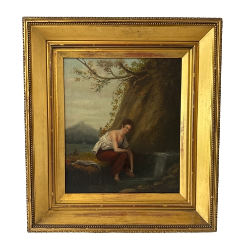 1799 - 19th Century School - Classical scene of a boy washing his feet in a river, oil on canvas, unsigned,... 