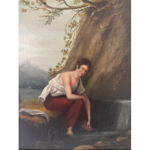 1799 - 19th Century School - Classical scene of a boy washing his feet in a river, oil on canvas, unsigned,... 